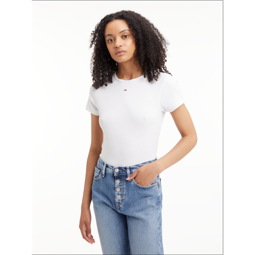 Tee-Shirt moulant Femme Tommy Hilfiger Jeans Essential Côtelé Blanc Cloane Vannes